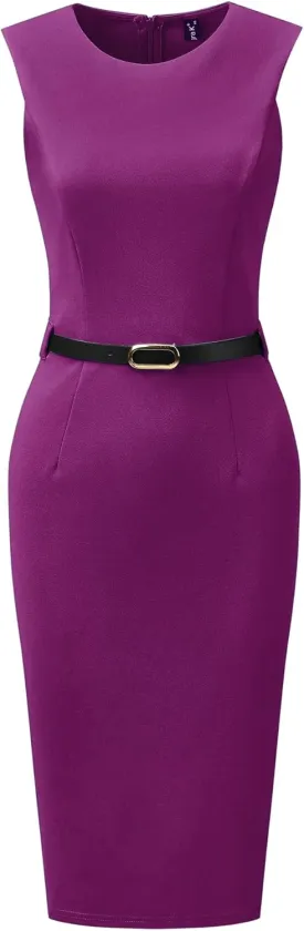 Allegra K Sleeveless Sheath Dress for Women's Office Round Neck Belted Business Pencil Dresses