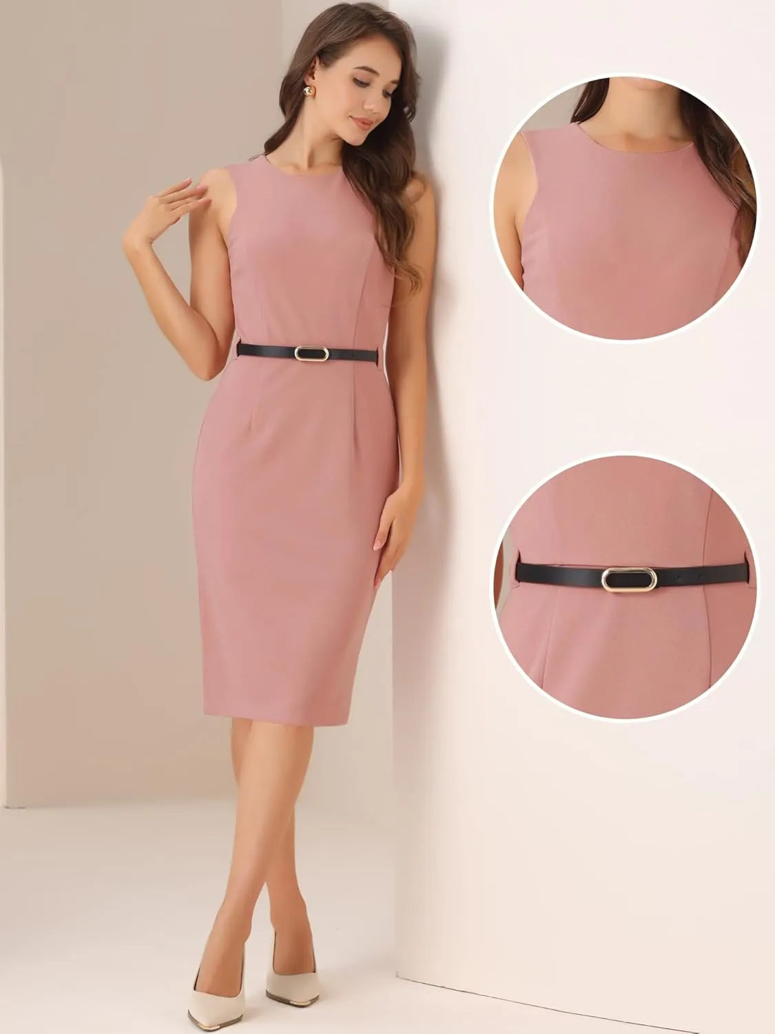 Allegra K Sleeveless Sheath Dress for Women's Office Round Neck Belted Business Pencil Dresses