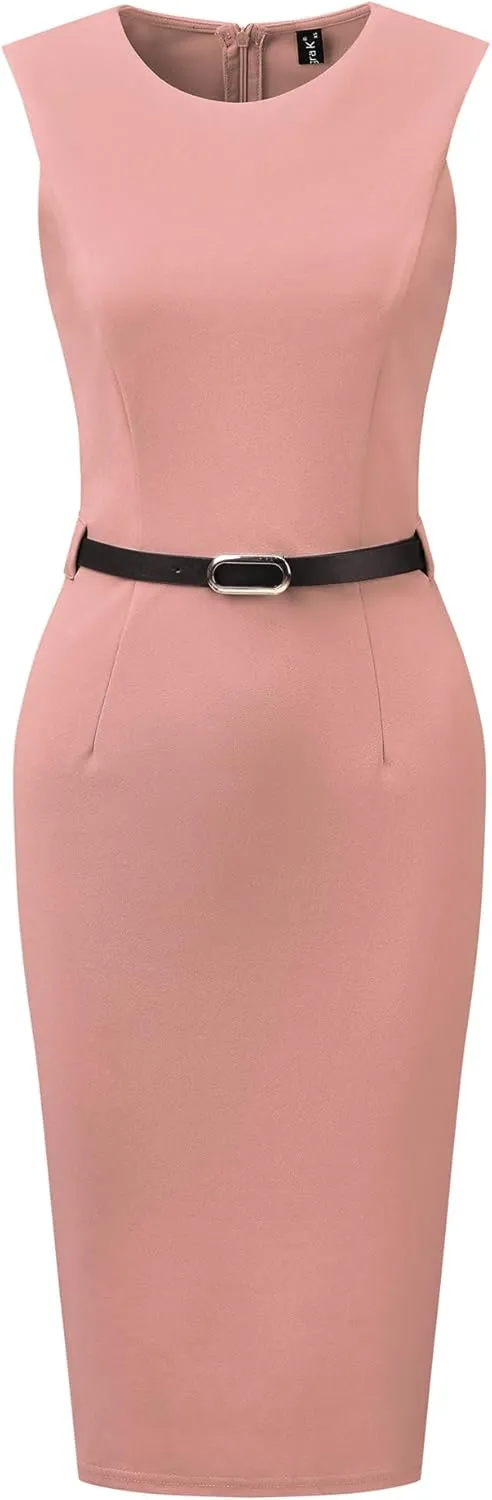 Allegra K Sleeveless Sheath Dress for Women's Office Round Neck Belted Business Pencil Dresses