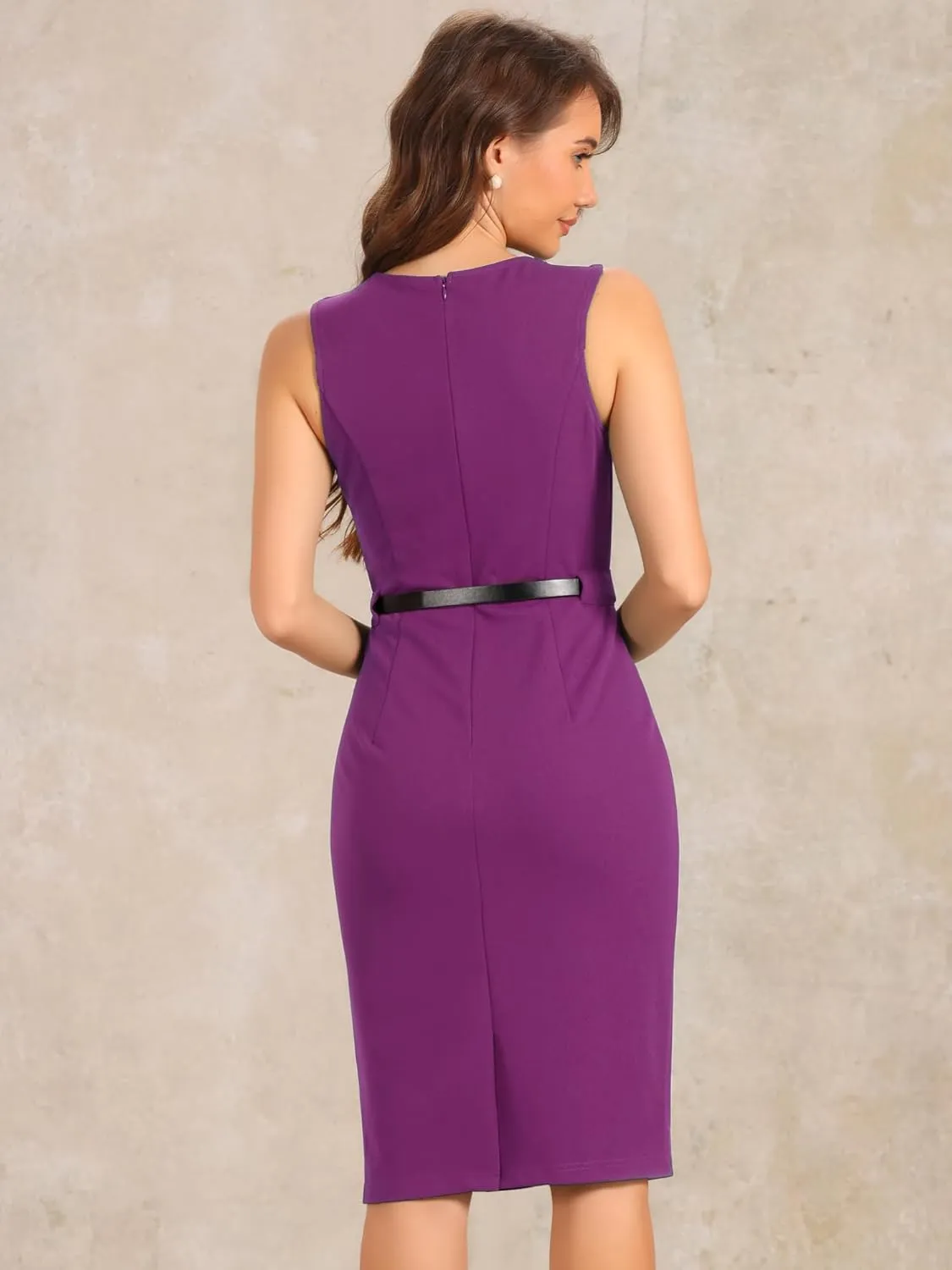 Allegra K Sleeveless Sheath Dress for Women's Office Round Neck Belted Business Pencil Dresses