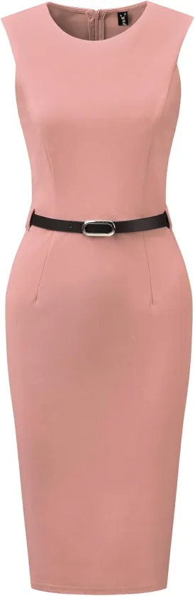 Allegra K Sleeveless Sheath Dress for Women's Office Round Neck Belted Business Pencil Dresses