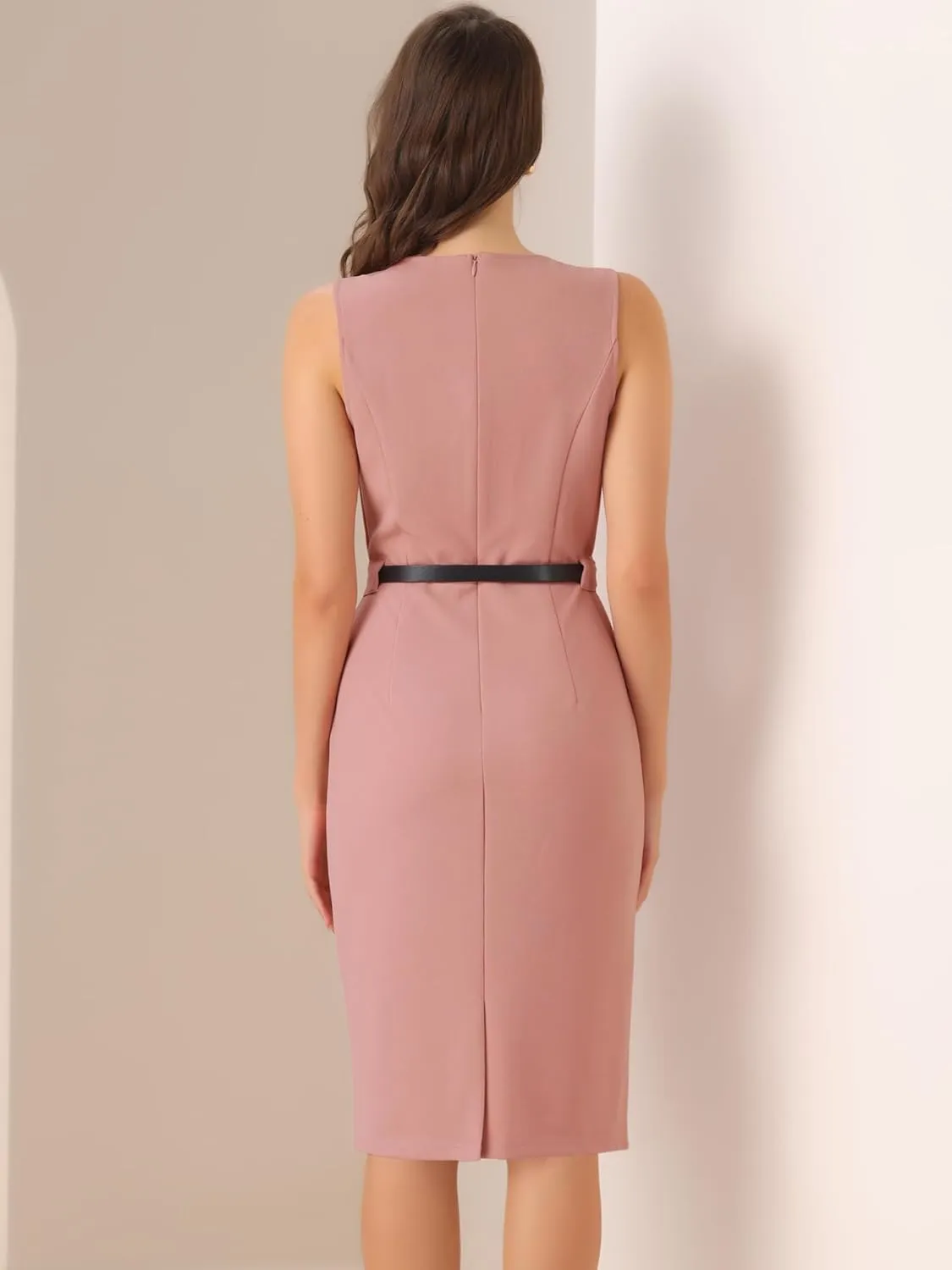 Allegra K Sleeveless Sheath Dress for Women's Office Round Neck Belted Business Pencil Dresses
