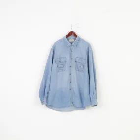 Blue Mens XXL Long Sleeve Denim Shirt - American Jeanswear Cotton Collared Top