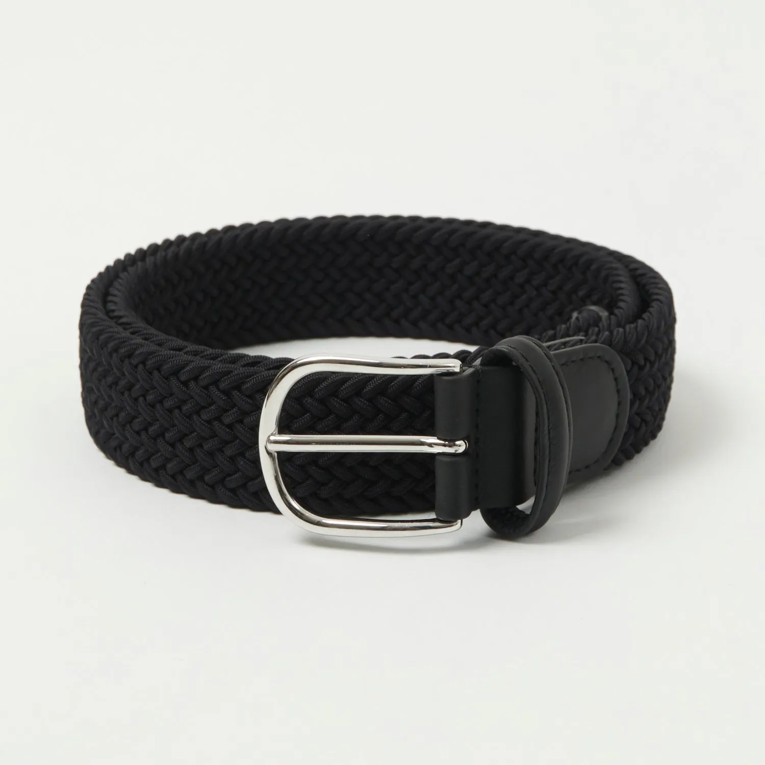 Mens Anderson 3.5cm Black Leather-Trimmed Elastic Woven Belt - Stylish and Durable Accessory
