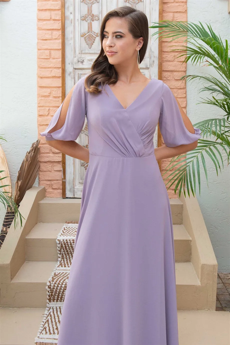 Angelino lavender chiffon watermelon arm V -neck long evening dress dress
