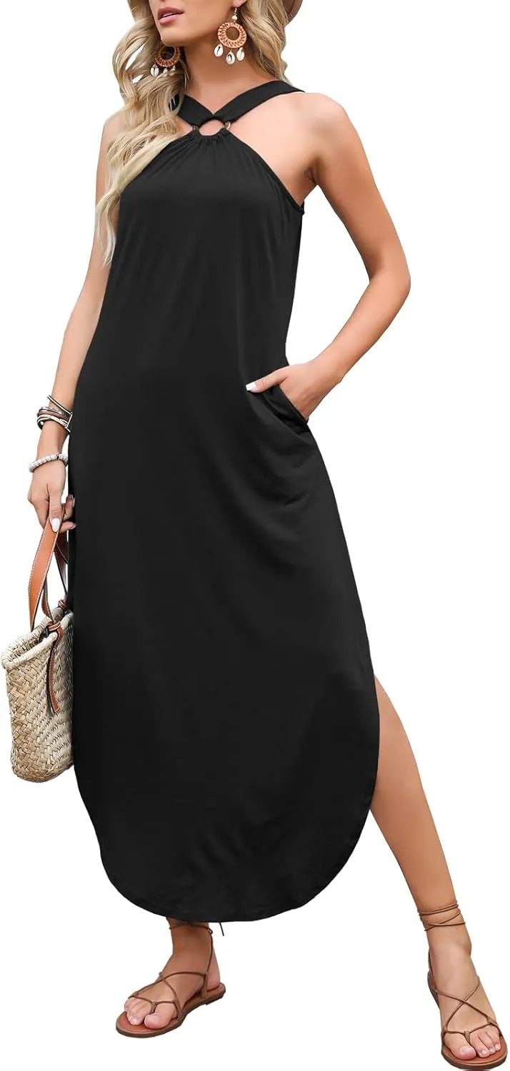 ANRABESS Women Summer Halter Neck Sundress Sleeveless Split Side Casual Beach Travel Vacation Maxi Long Dress with Pockets