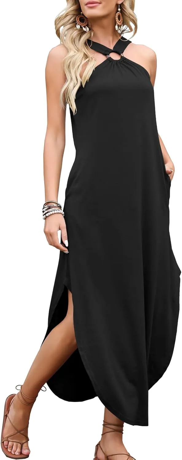 ANRABESS Women Summer Halter Neck Sundress Sleeveless Split Side Casual Beach Travel Vacation Maxi Long Dress with Pockets