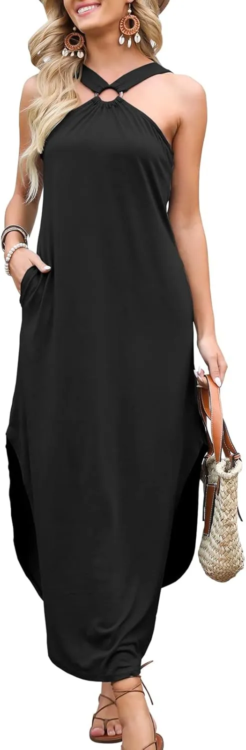ANRABESS Women Summer Halter Neck Sundress Sleeveless Split Side Casual Beach Travel Vacation Maxi Long Dress with Pockets