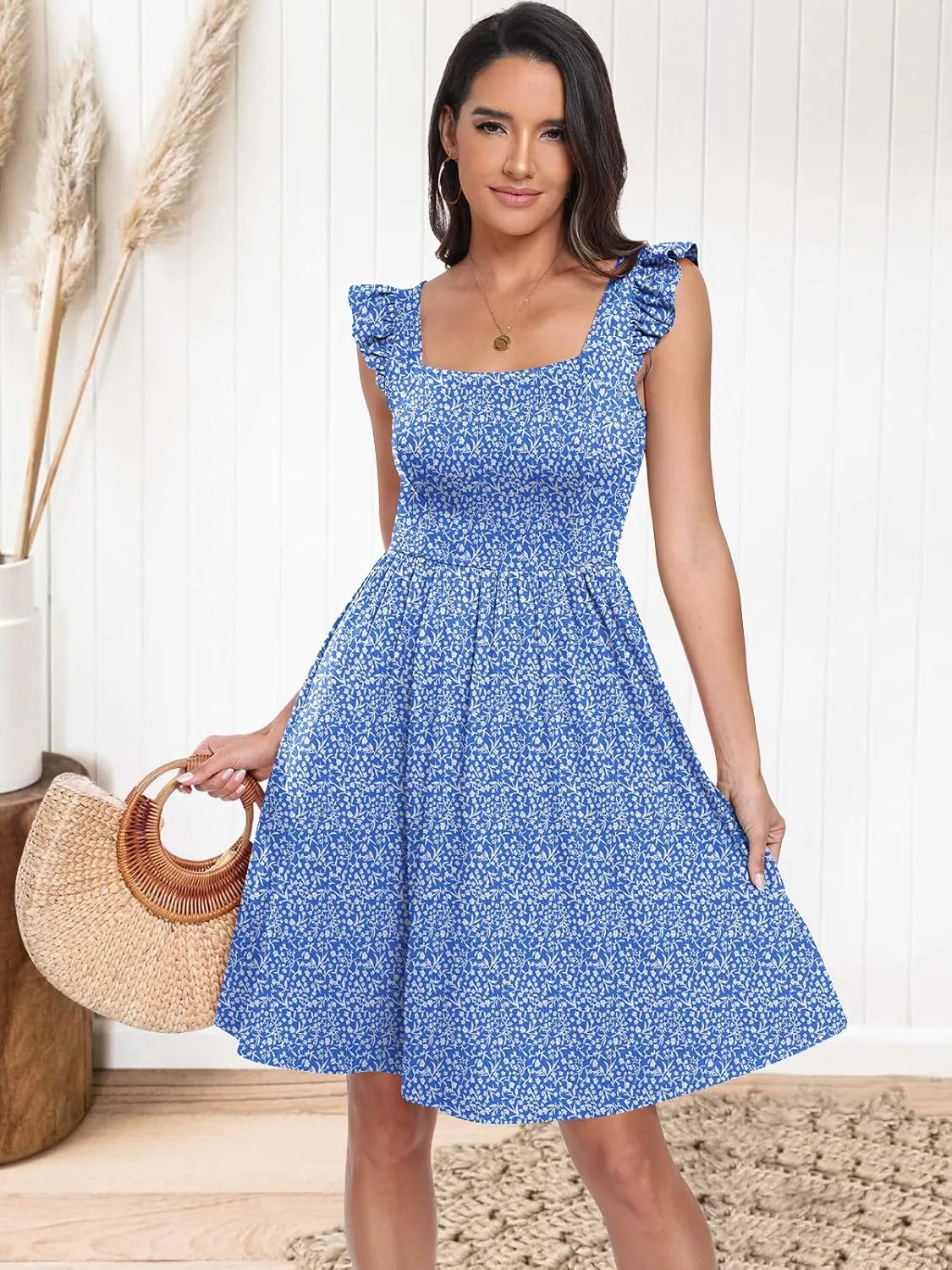 ANRABESS Womens Summer Short Dress 2025 Square Neck Sleeveless A Line Ruffled Wedding Casual Cute Teen Beach Mini Sundress
