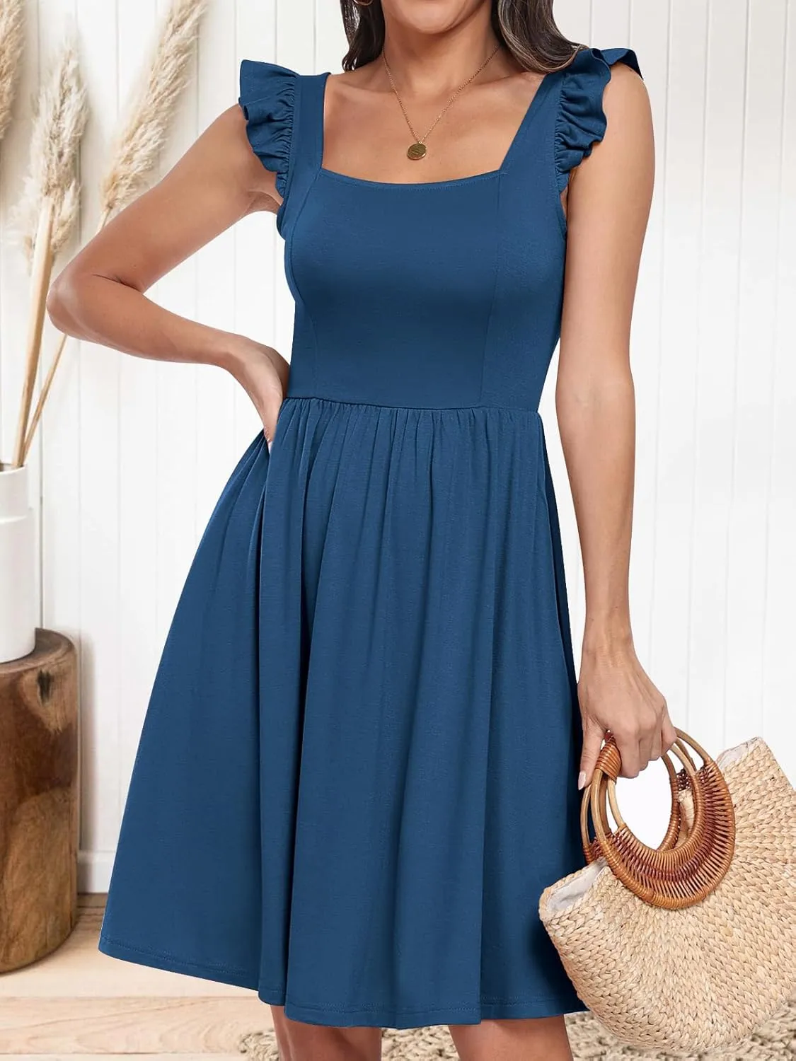 ANRABESS Womens Summer Short Dress 2025 Square Neck Sleeveless A Line Ruffled Wedding Casual Cute Teen Beach Mini Sundress