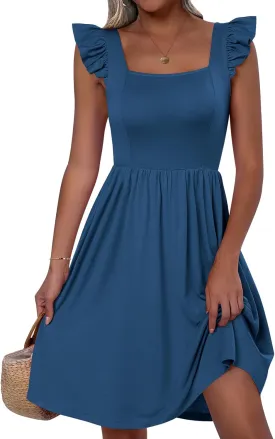 ANRABESS Womens Summer Short Dress 2025 Square Neck Sleeveless A Line Ruffled Wedding Casual Cute Teen Beach Mini Sundress