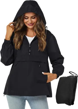 Avoogue Womens Rain Jacket with Hood,Pullover,Packable,Lightweight,Windbreaker,Waterproof,Breathable.