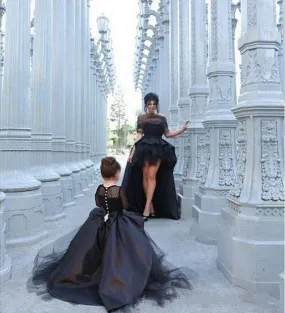 Vintage-Inspired Black Mother and Daughter Matching High-Low Prom Dresses for Kids Pageants - Elegant Little Girl Dresses