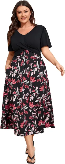 BLUEMING Women's Casual Plus Size Summer Dresses V Neck Short Sleeve Floral A-Line Swing Midi Dress
