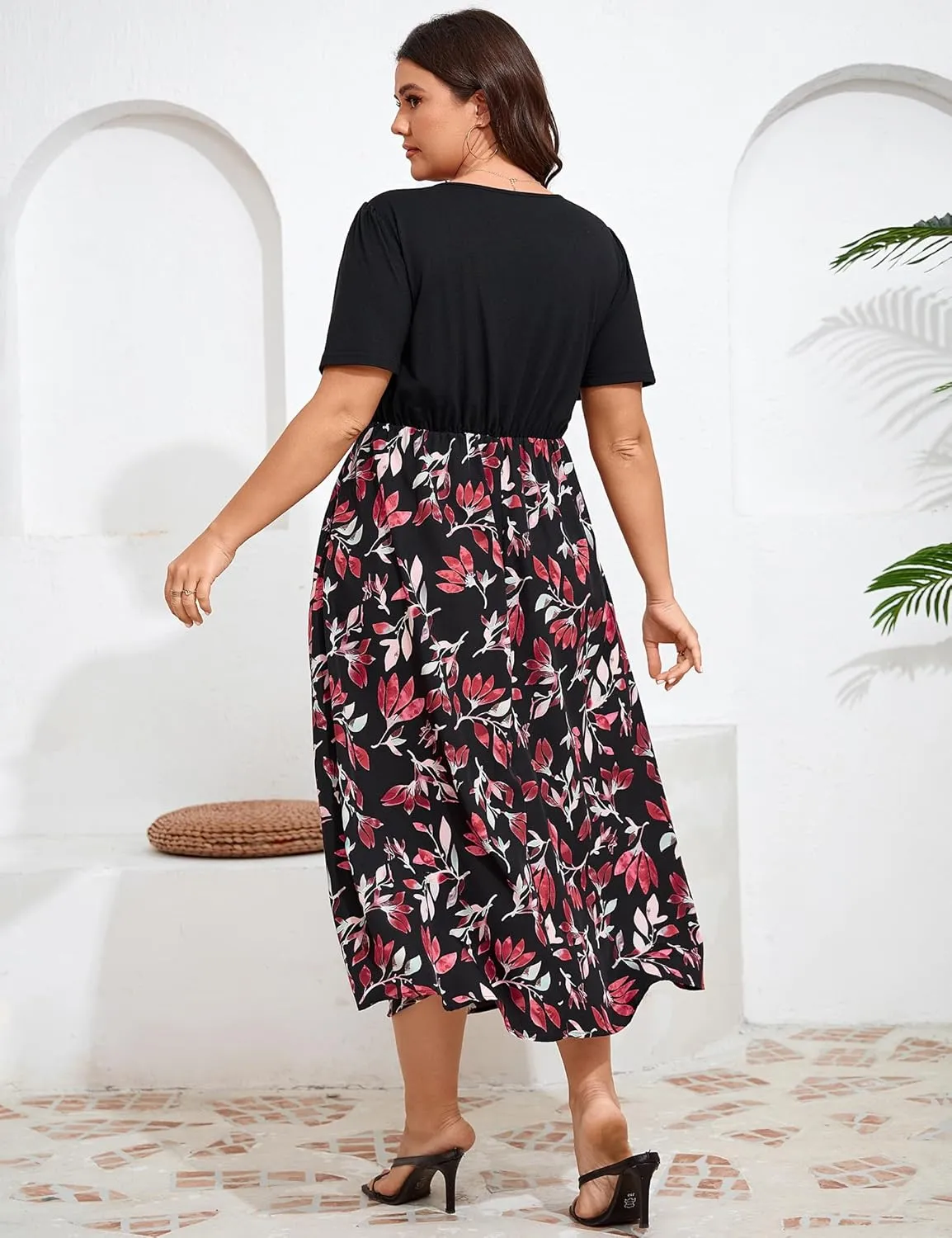 BLUEMING Women's Casual Plus Size Summer Dresses V Neck Short Sleeve Floral A-Line Swing Midi Dress