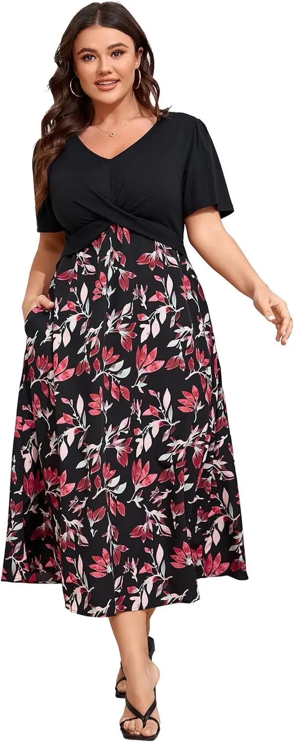 BLUEMING Women's Casual Plus Size Summer Dresses V Neck Short Sleeve Floral A-Line Swing Midi Dress