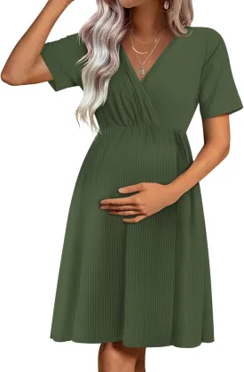 Ekouaer Maternity Nursing Dress V Neck Short Sleeve Breastfeeding Dresses Ribbed Knit Pregnancy Clothes S-XXL