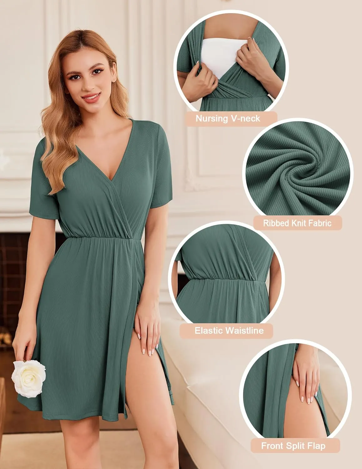 Ekouaer Maternity Nursing Dress V Neck Short Sleeve Breastfeeding Dresses Ribbed Knit Pregnancy Clothes S-XXL