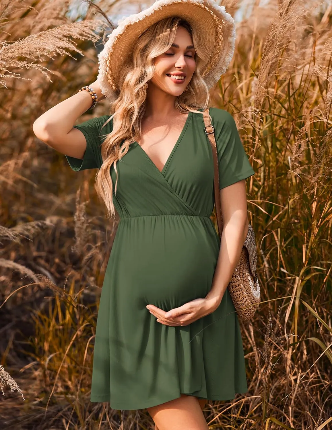 Ekouaer Maternity Nursing Dress V Neck Short Sleeve Breastfeeding Dresses Ribbed Knit Pregnancy Clothes S-XXL