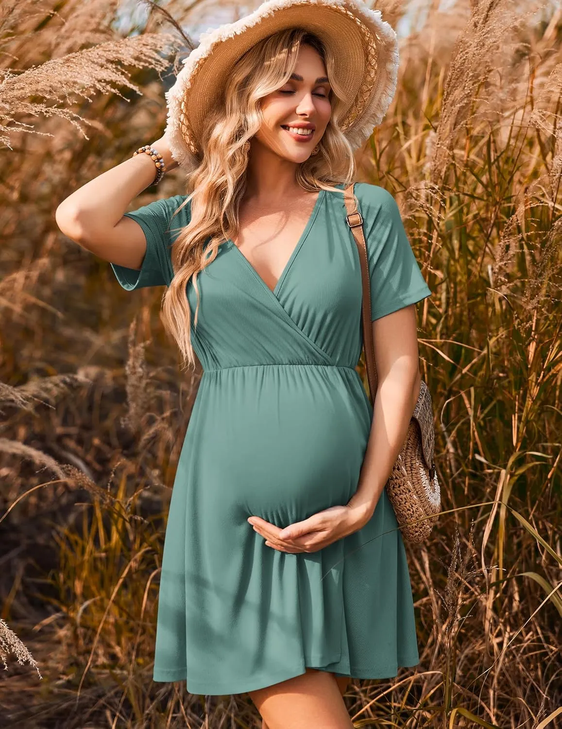 Ekouaer Maternity Nursing Dress V Neck Short Sleeve Breastfeeding Dresses Ribbed Knit Pregnancy Clothes S-XXL