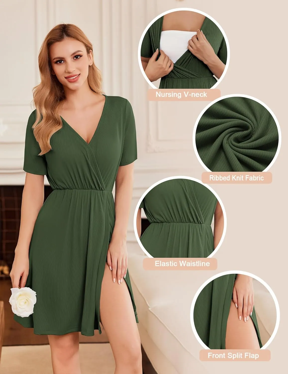Ekouaer Maternity Nursing Dress V Neck Short Sleeve Breastfeeding Dresses Ribbed Knit Pregnancy Clothes S-XXL