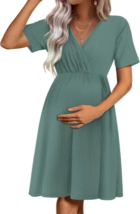 Ekouaer Maternity Nursing Dress V Neck Short Sleeve Breastfeeding Dresses Ribbed Knit Pregnancy Clothes S-XXL