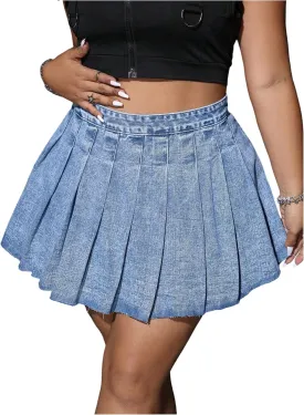 Floerns Women's Plus Size Pleated Mini Denim Skirt High Waisted Distressed Flare Jean Skirts