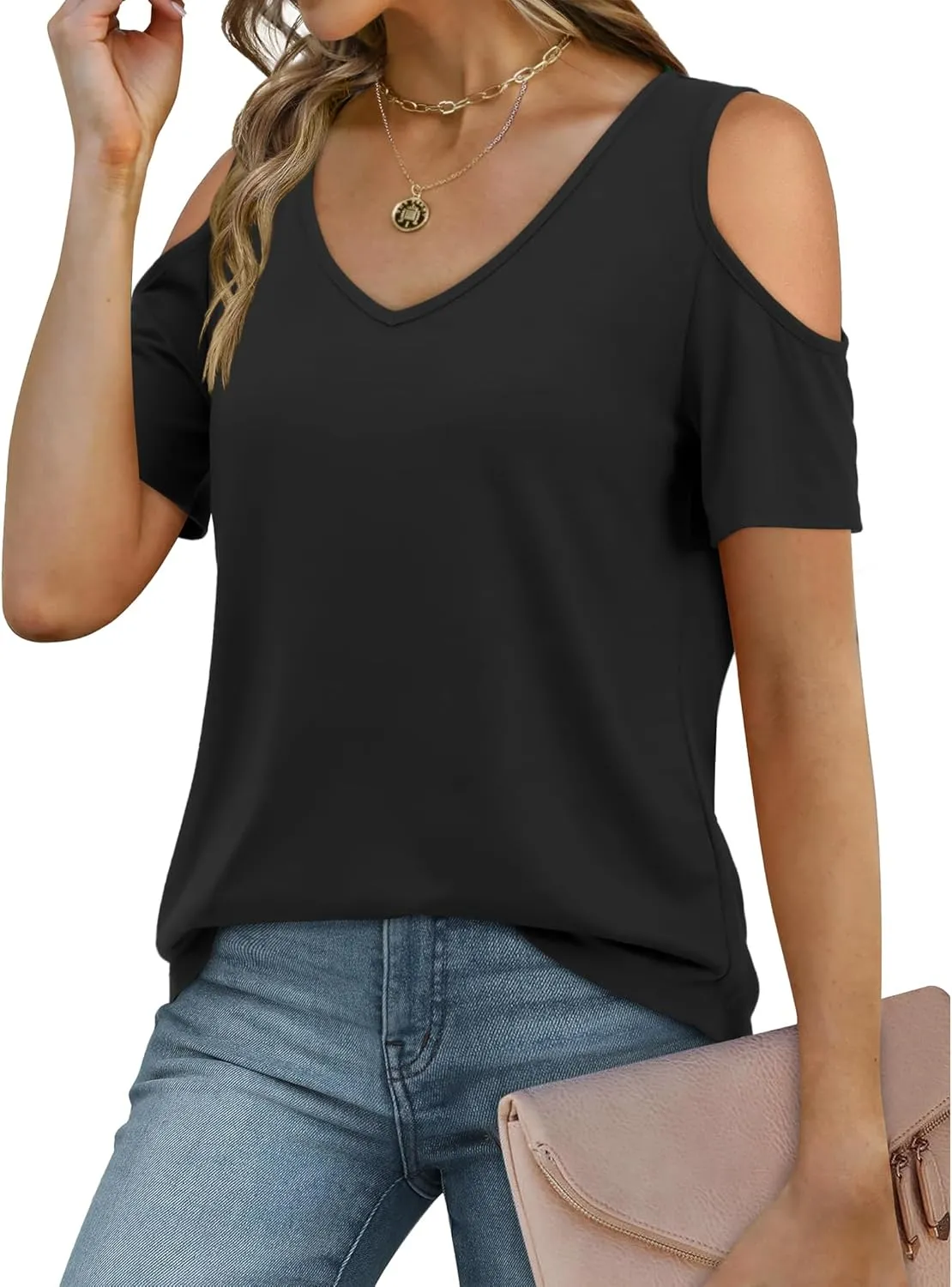 Florboom Womens Cold Shoulder Tops Summer Short/Long Sleeve V Neck T Shirts Basic Blouse