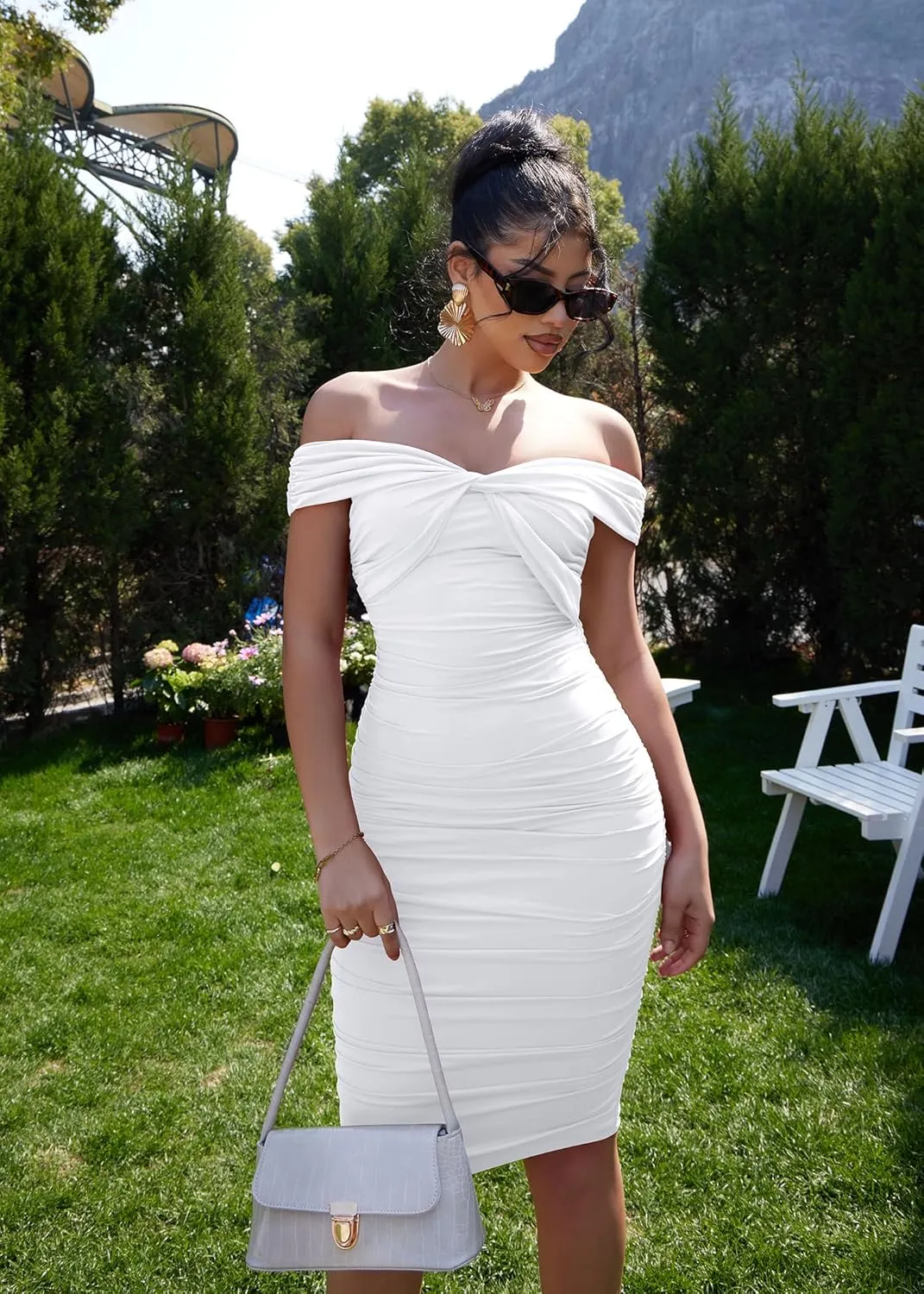 GOBLES Women's Sexy Off The Shoulder Twist Wrap Short Sleeve Ruched Bodycon Midi Party Dress