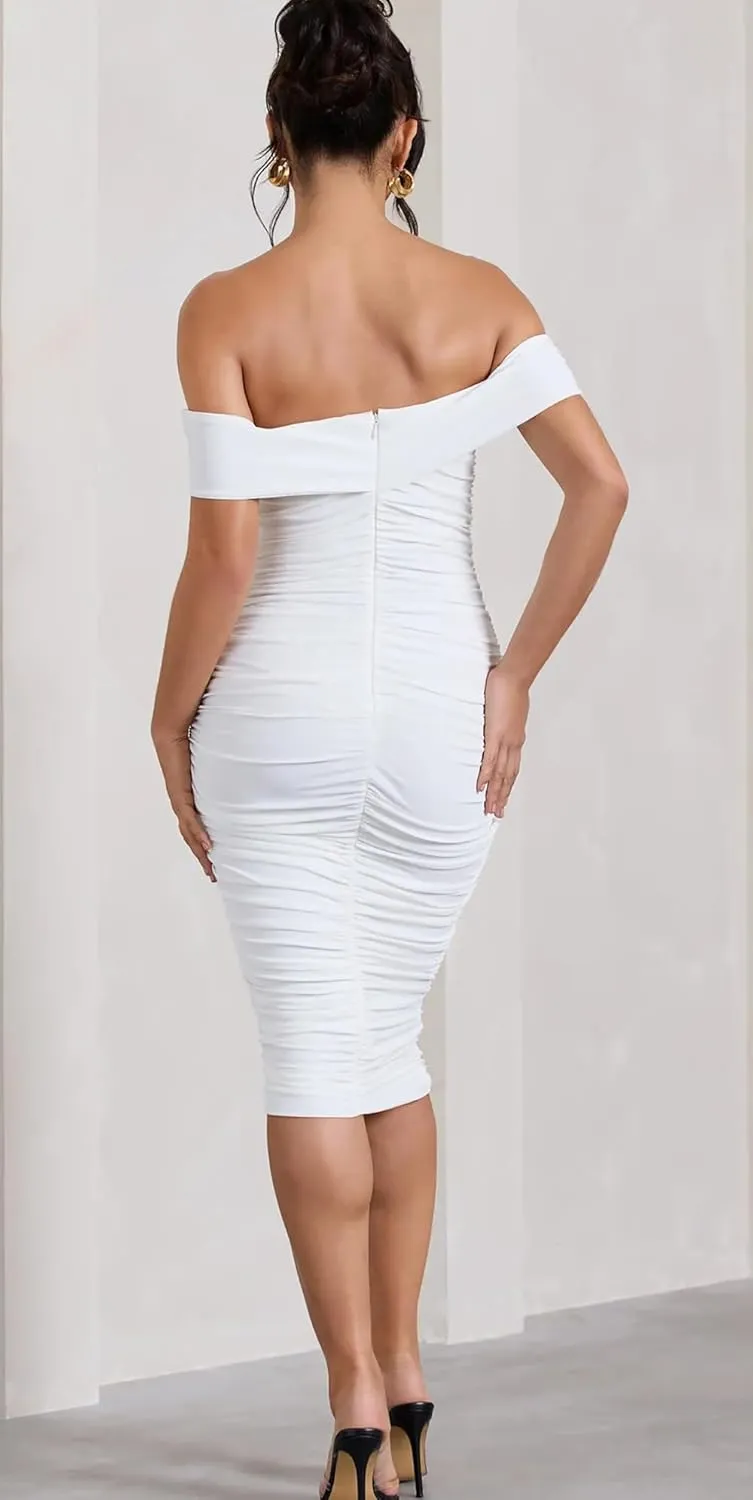 GOBLES Women's Sexy Off The Shoulder Twist Wrap Short Sleeve Ruched Bodycon Midi Party Dress