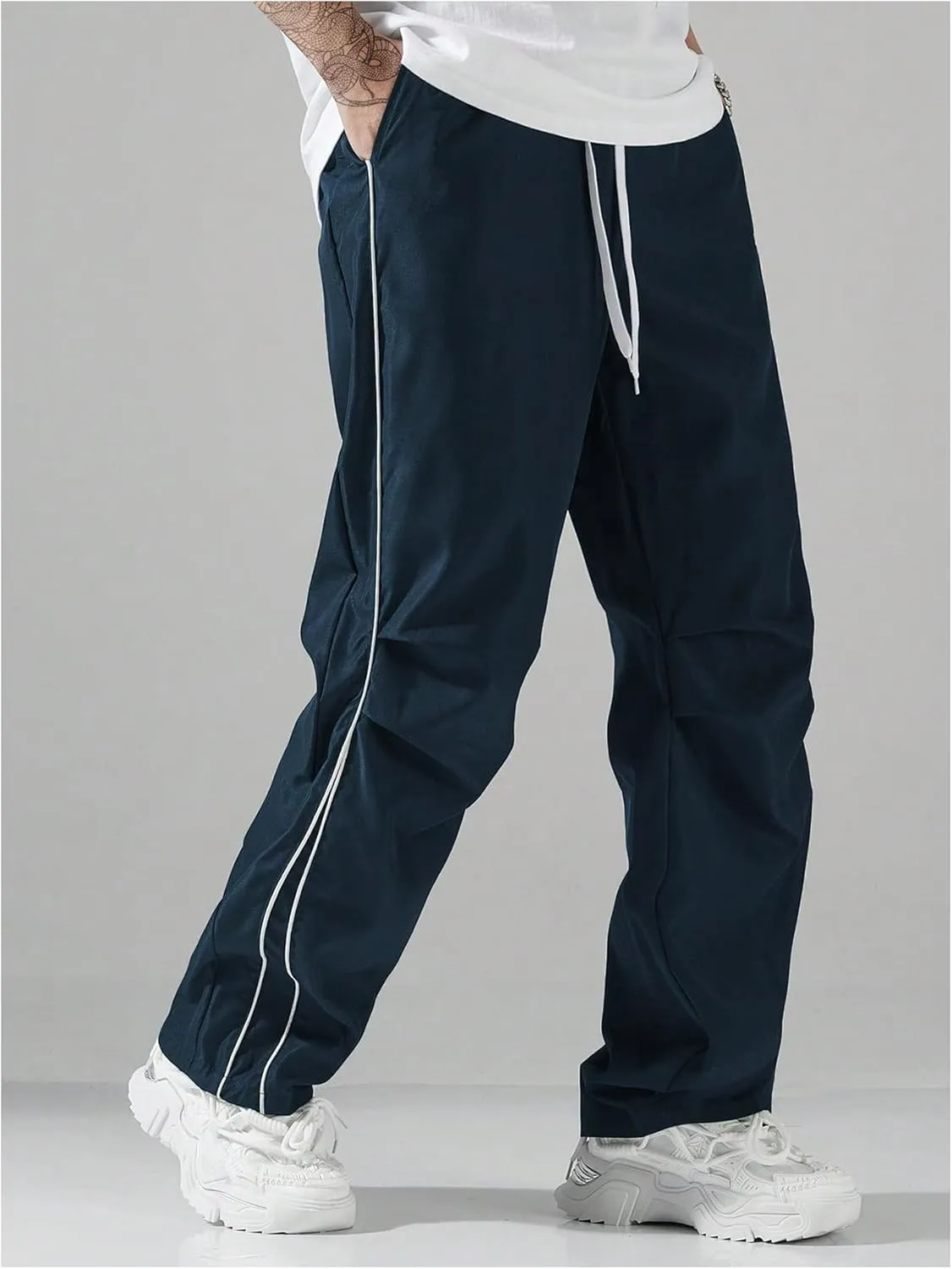 GORGLITTER Men's Lightweight Baggy Sweatpants Contrast Trim Letter Graphic Open Bottom Athletic Pants with Pockets