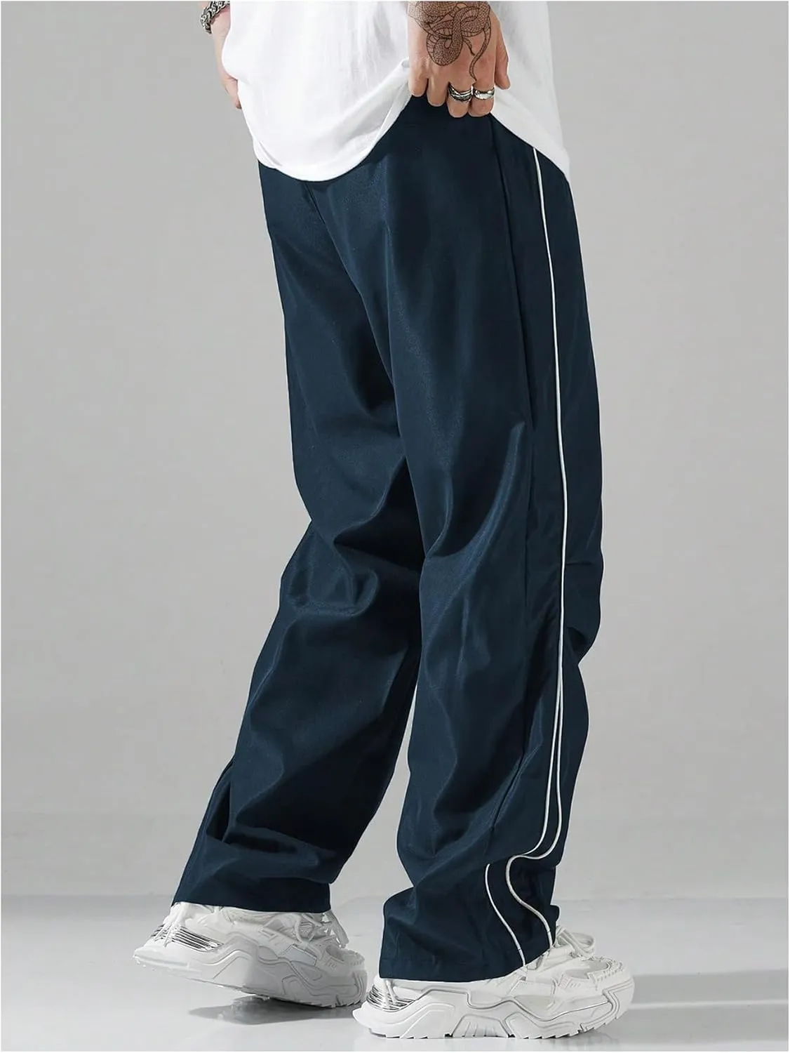 GORGLITTER Men's Lightweight Baggy Sweatpants Contrast Trim Letter Graphic Open Bottom Athletic Pants with Pockets