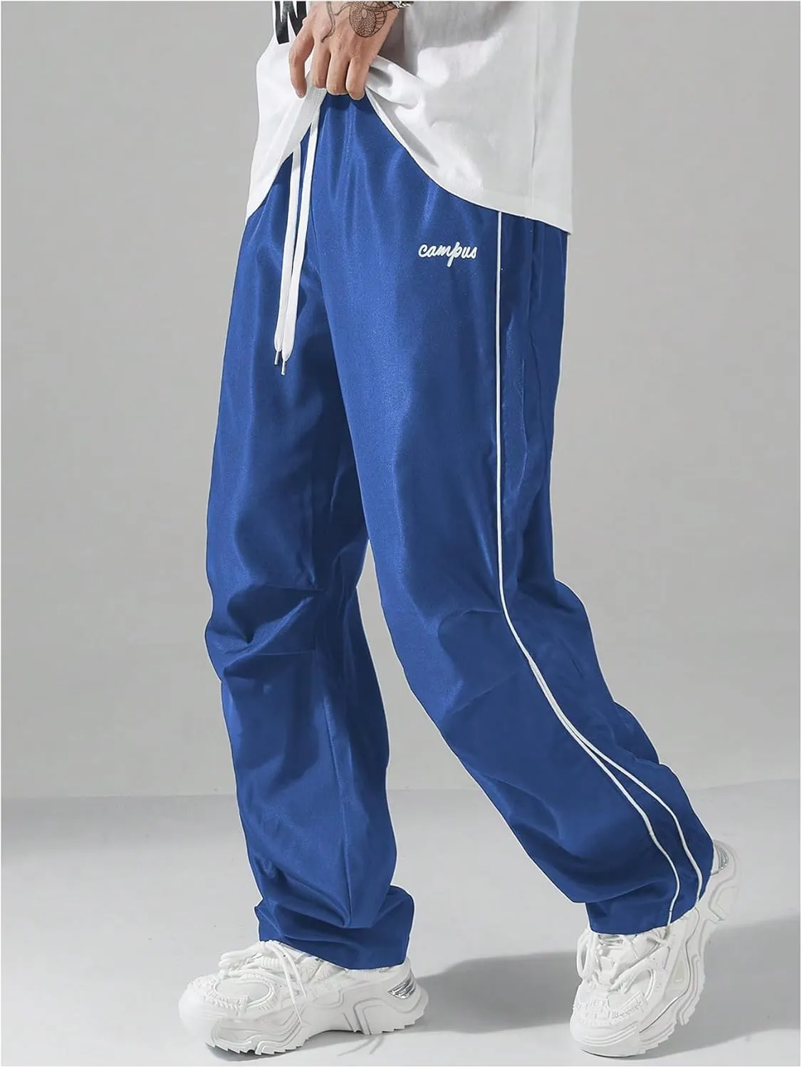 GORGLITTER Men's Lightweight Baggy Sweatpants Contrast Trim Letter Graphic Open Bottom Athletic Pants with Pockets