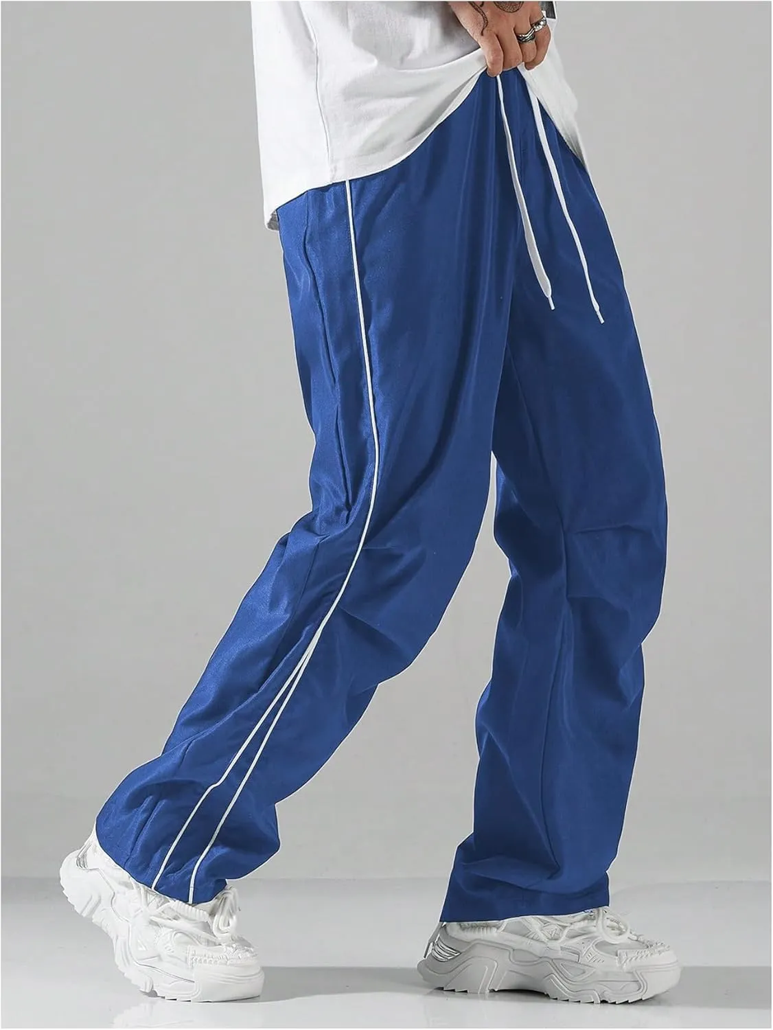 GORGLITTER Men's Lightweight Baggy Sweatpants Contrast Trim Letter Graphic Open Bottom Athletic Pants with Pockets