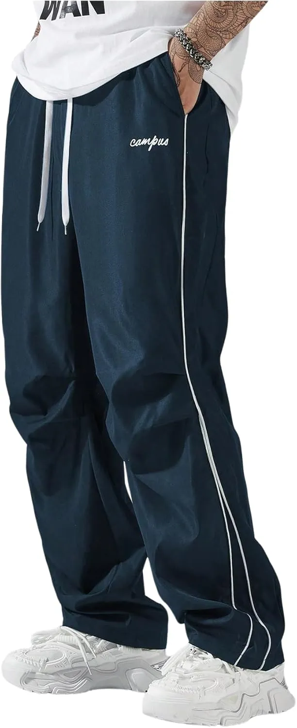 GORGLITTER Men's Lightweight Baggy Sweatpants Contrast Trim Letter Graphic Open Bottom Athletic Pants with Pockets