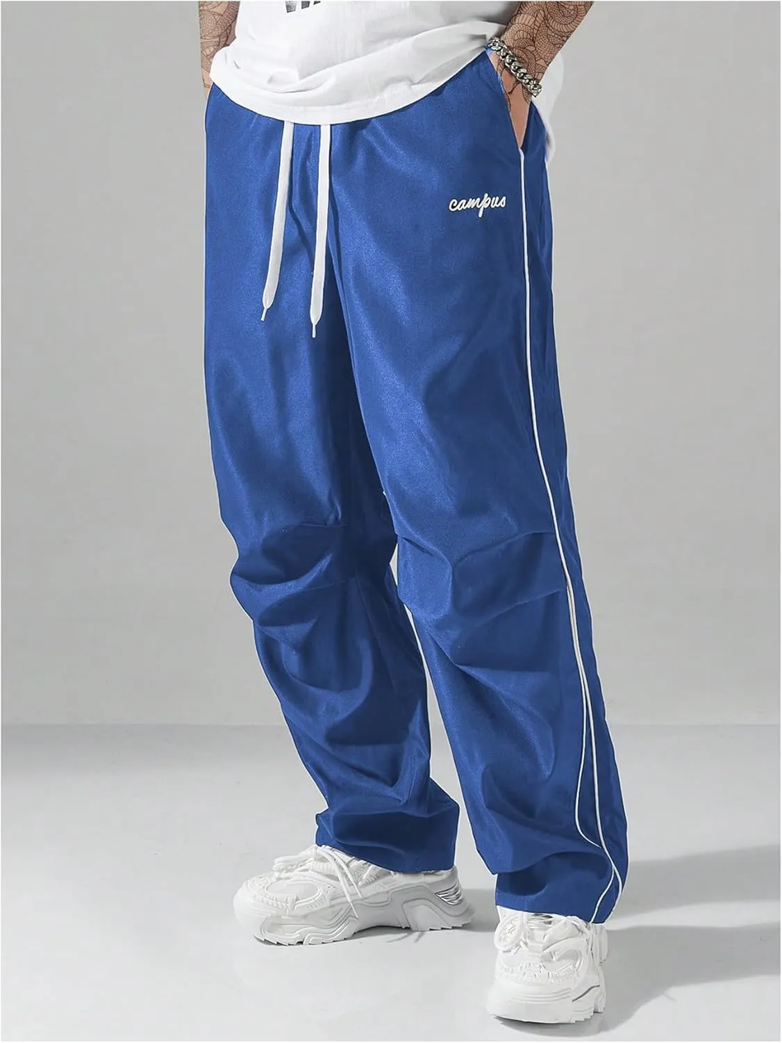 GORGLITTER Men's Lightweight Baggy Sweatpants Contrast Trim Letter Graphic Open Bottom Athletic Pants with Pockets