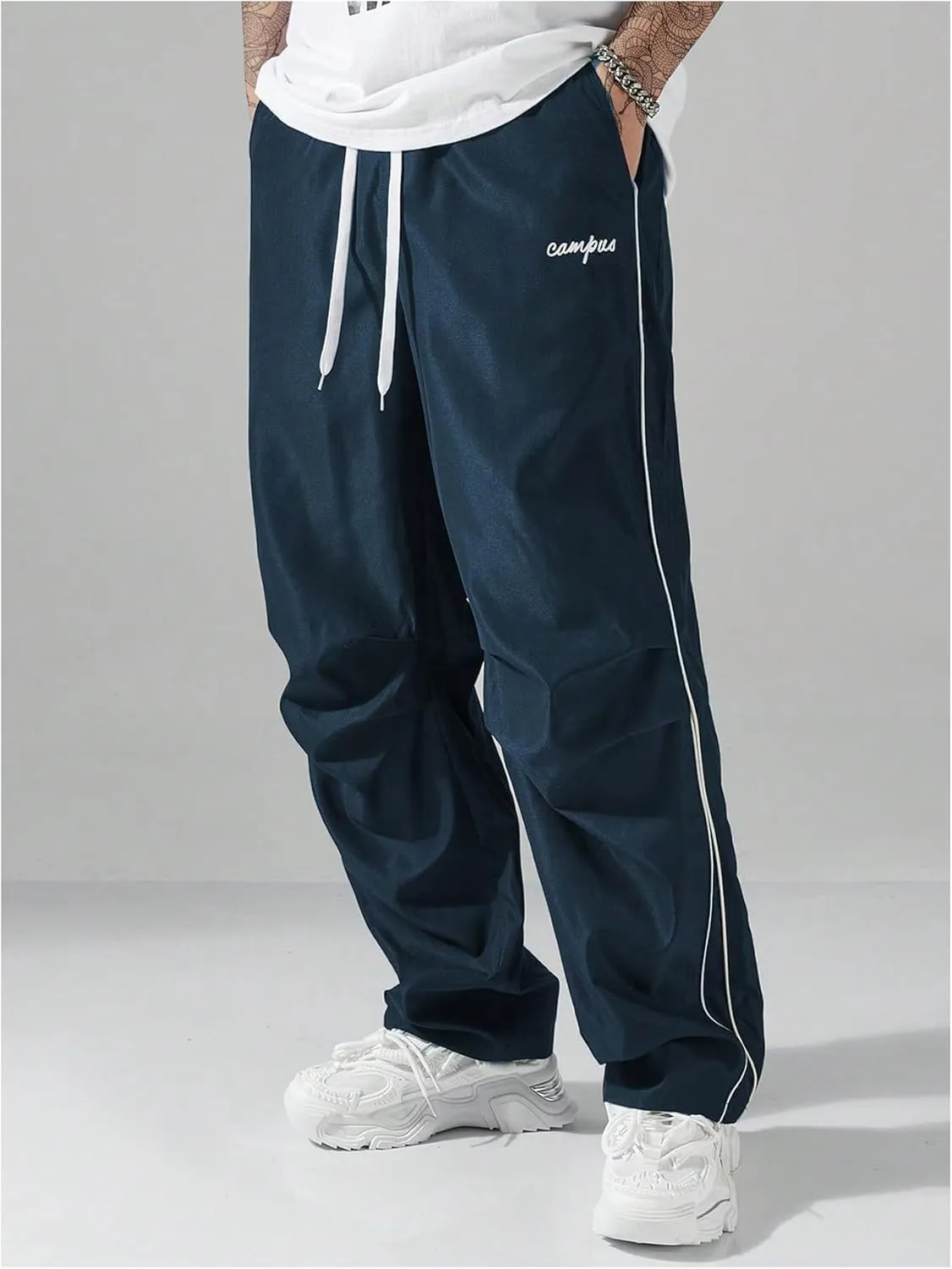 GORGLITTER Men's Lightweight Baggy Sweatpants Contrast Trim Letter Graphic Open Bottom Athletic Pants with Pockets