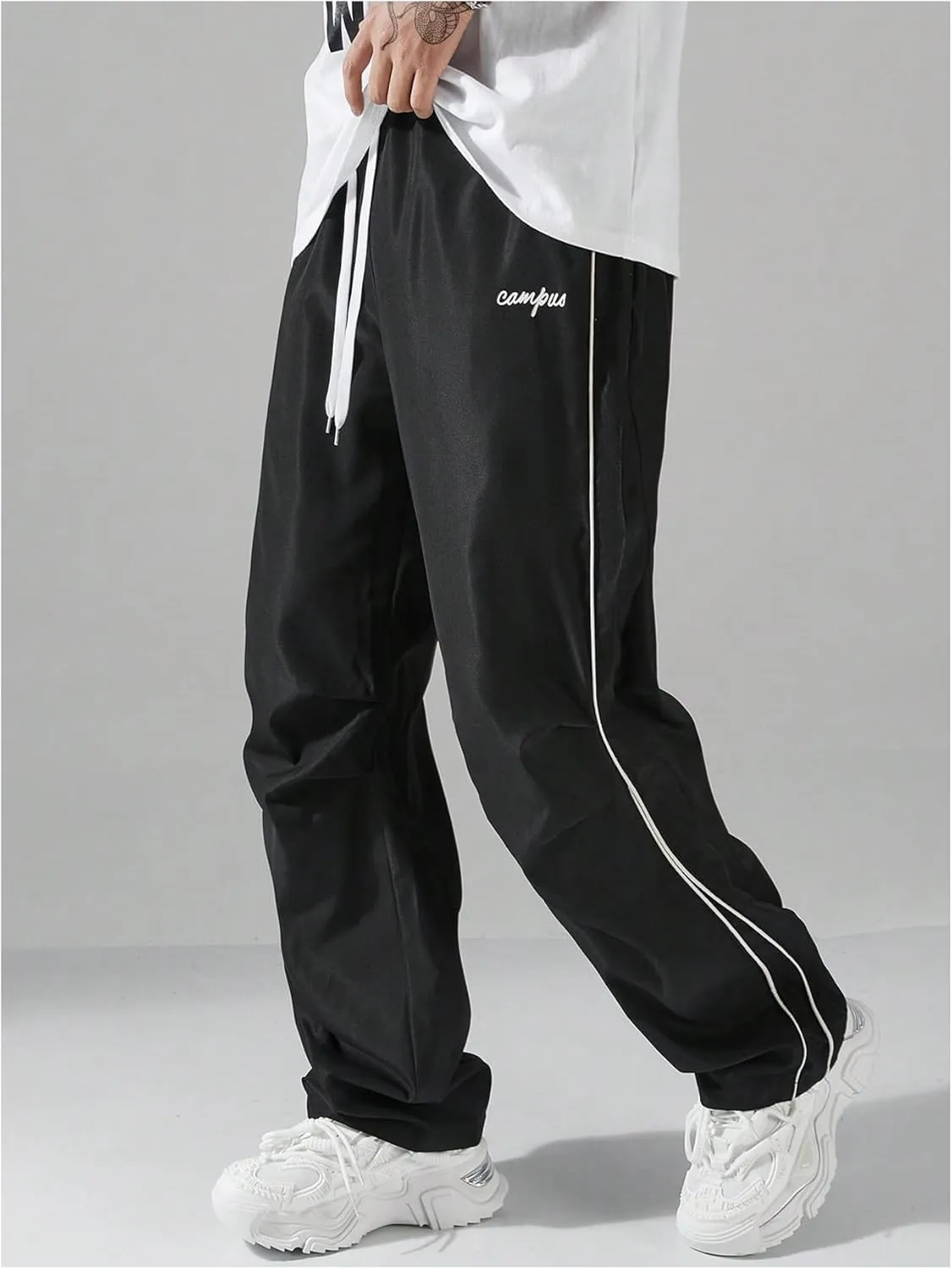 GORGLITTER Men's Lightweight Baggy Sweatpants Contrast Trim Letter Graphic Open Bottom Athletic Pants with Pockets