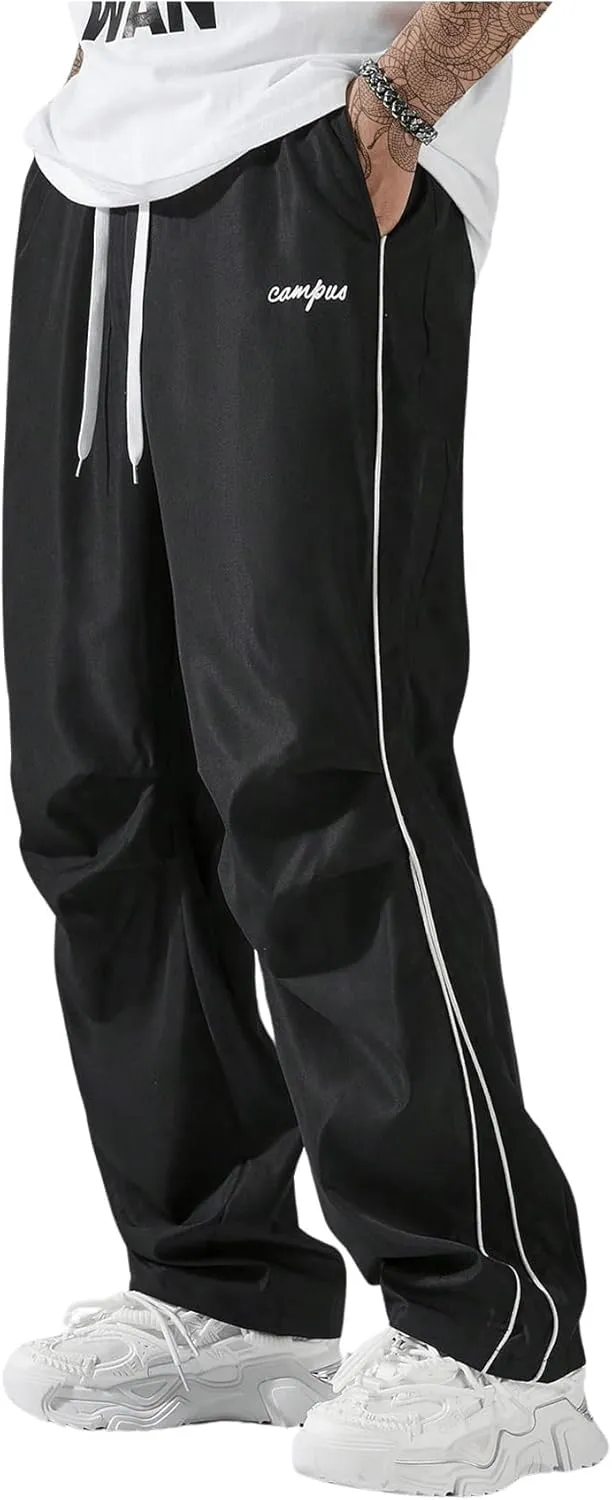 GORGLITTER Men's Lightweight Baggy Sweatpants Contrast Trim Letter Graphic Open Bottom Athletic Pants with Pockets