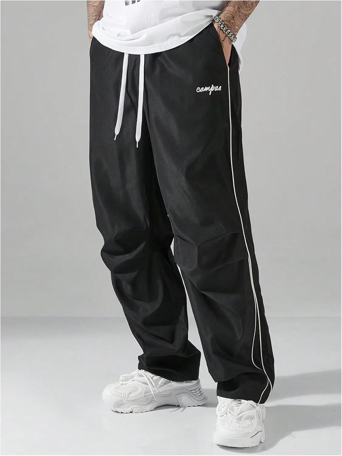 GORGLITTER Men's Lightweight Baggy Sweatpants Contrast Trim Letter Graphic Open Bottom Athletic Pants with Pockets