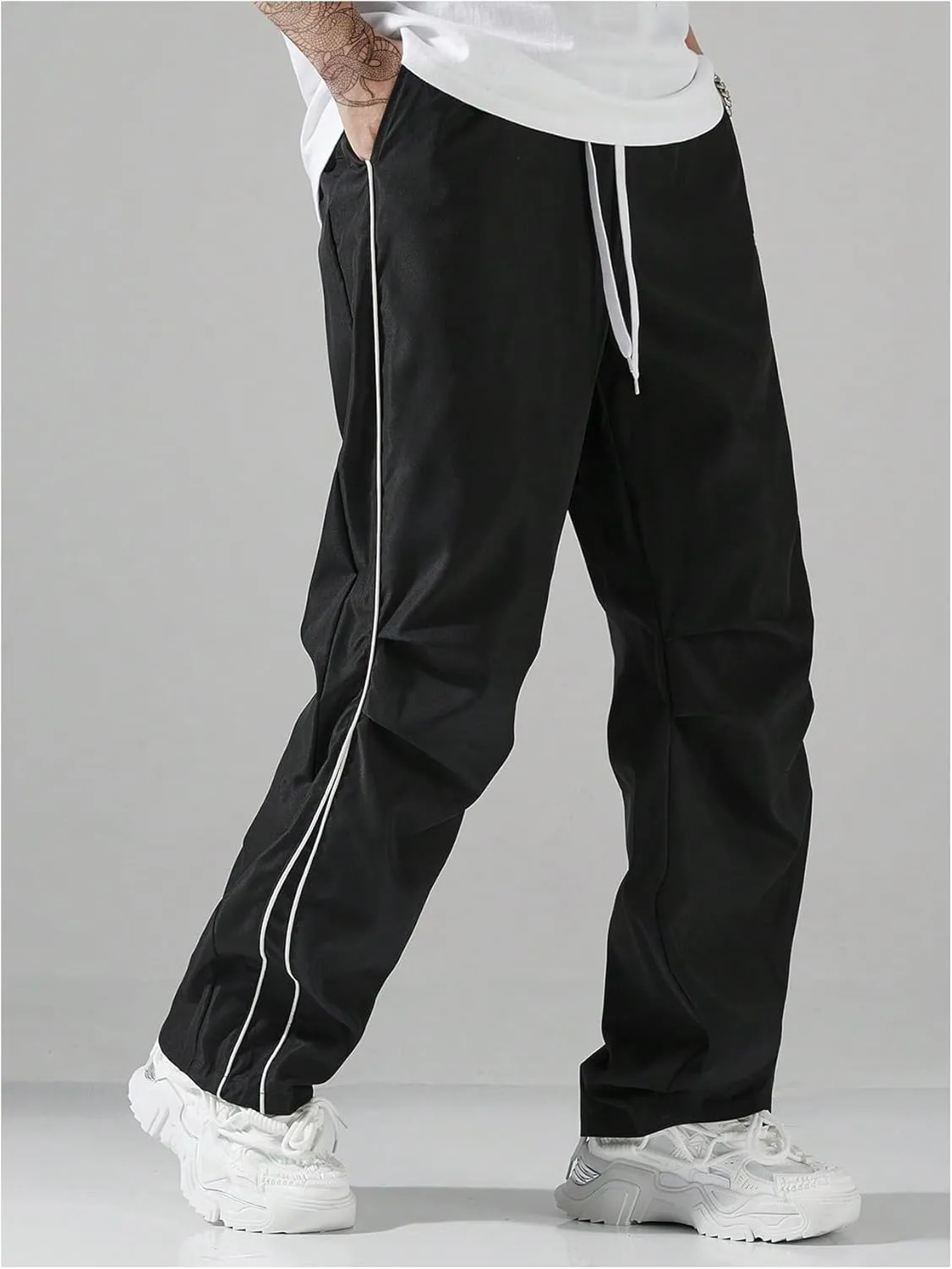GORGLITTER Men's Lightweight Baggy Sweatpants Contrast Trim Letter Graphic Open Bottom Athletic Pants with Pockets