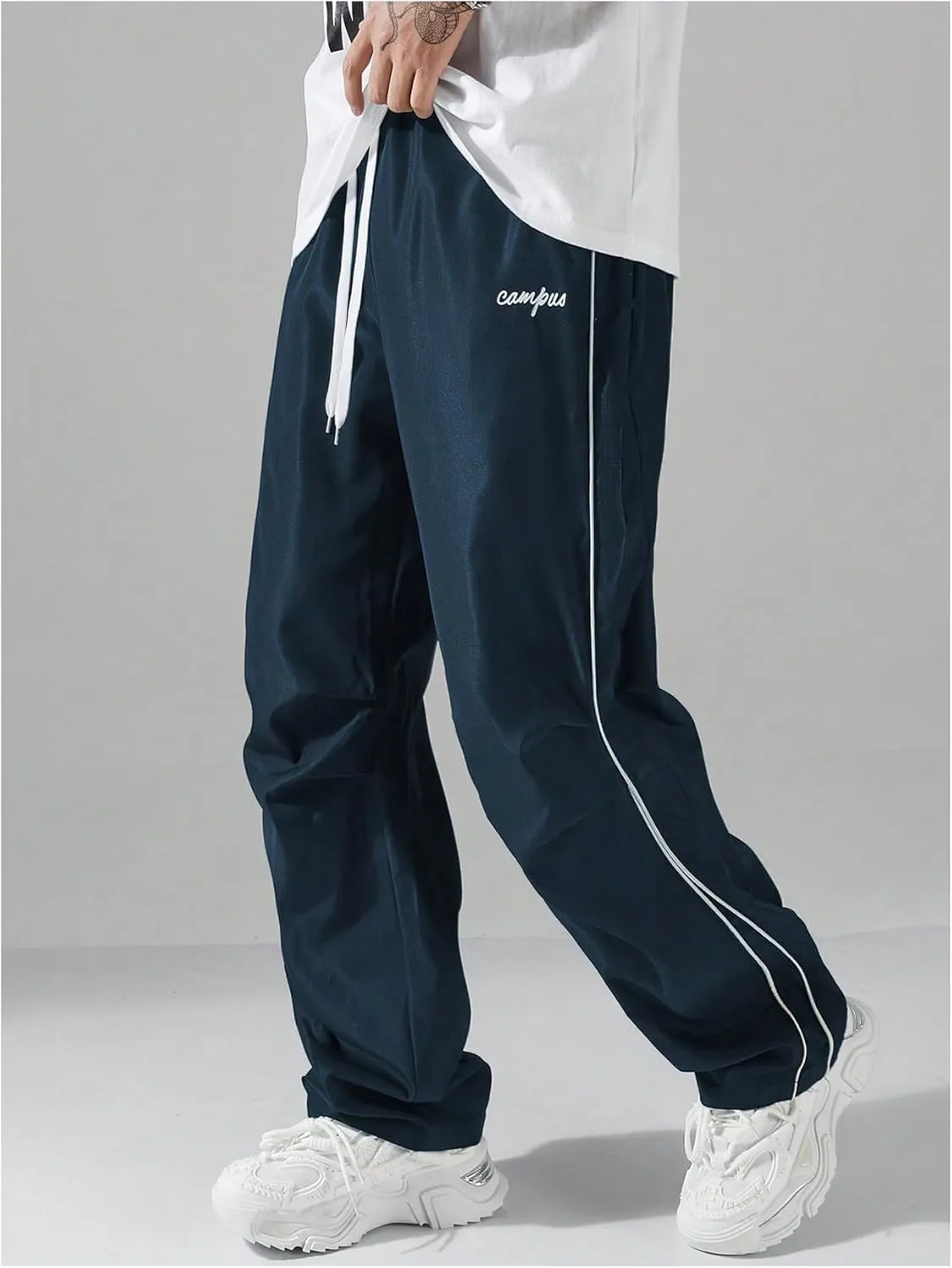 GORGLITTER Men's Lightweight Baggy Sweatpants Contrast Trim Letter Graphic Open Bottom Athletic Pants with Pockets