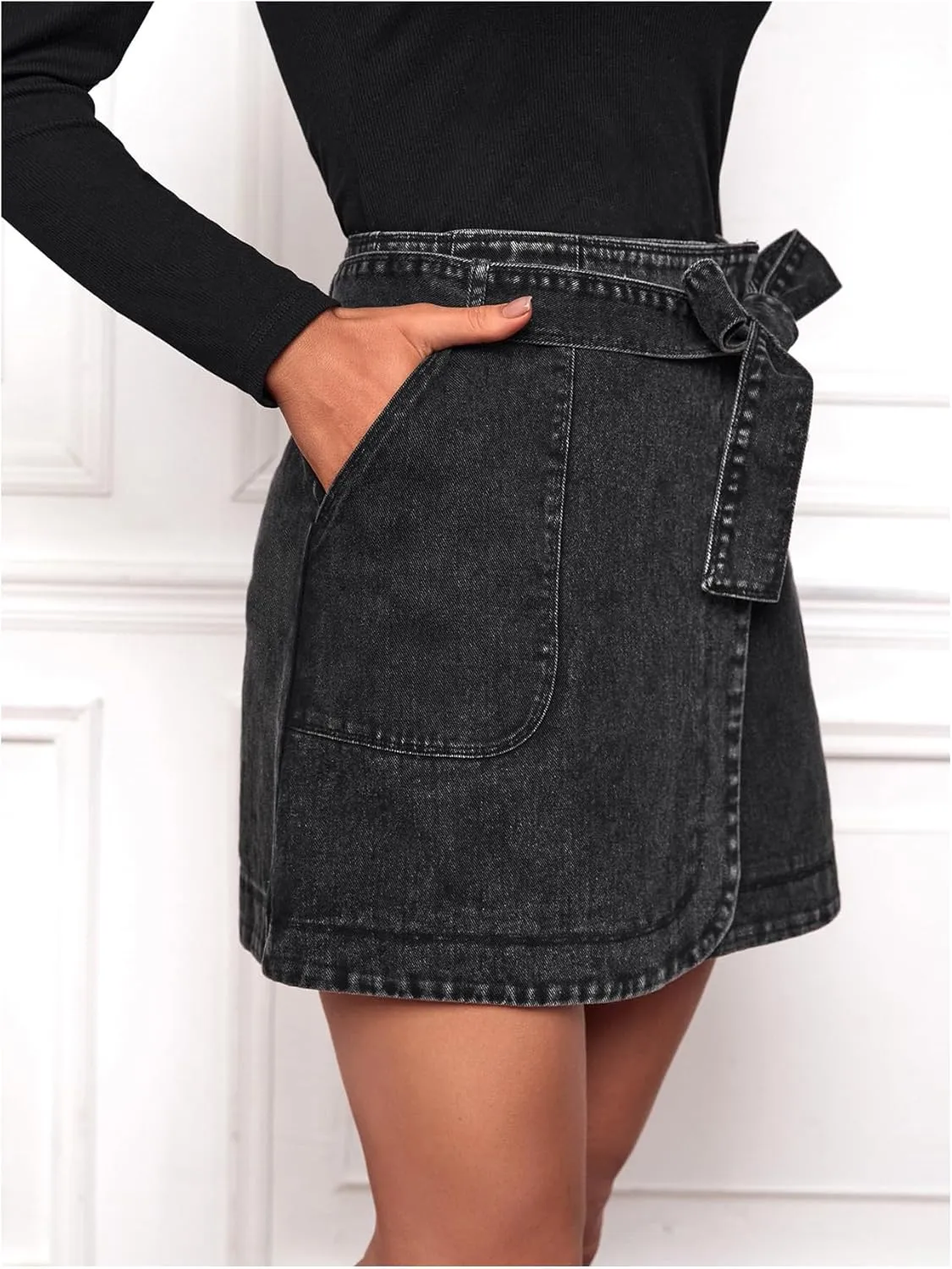 MakeMeChic Women's Denim Skirt Wrap Belted Y2K Mini Jean Skirt with Pockets