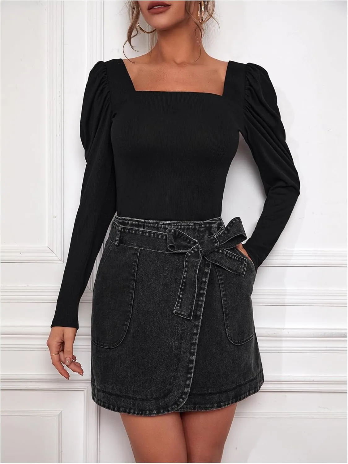 MakeMeChic Women's Denim Skirt Wrap Belted Y2K Mini Jean Skirt with Pockets