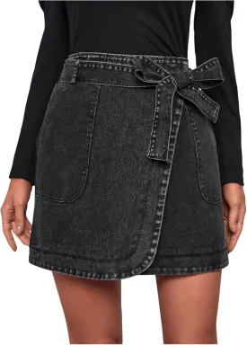 MakeMeChic Women's Denim Skirt Wrap Belted Y2K Mini Jean Skirt with Pockets