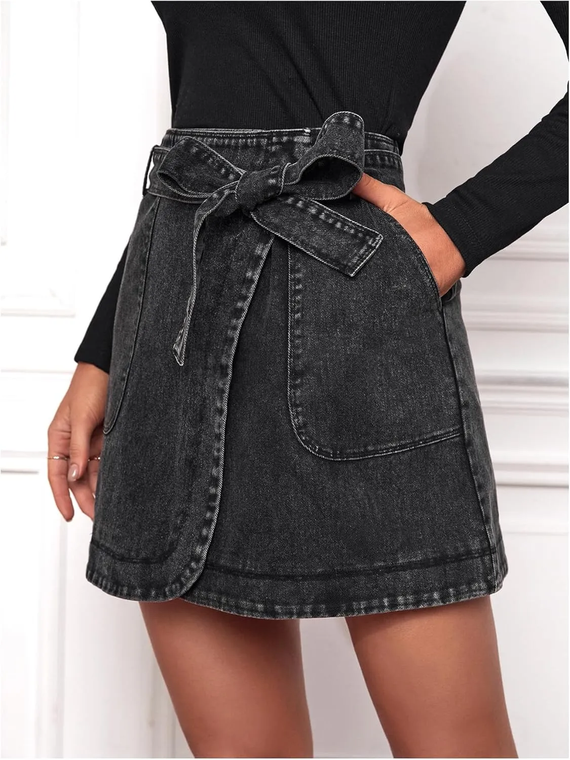 MakeMeChic Women's Denim Skirt Wrap Belted Y2K Mini Jean Skirt with Pockets