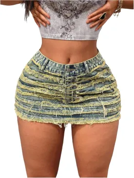 MakeMeChic Women's Summer Y2K Mini Jean Skirt Drop Waisted Distressed Bodycon Denim Skirts