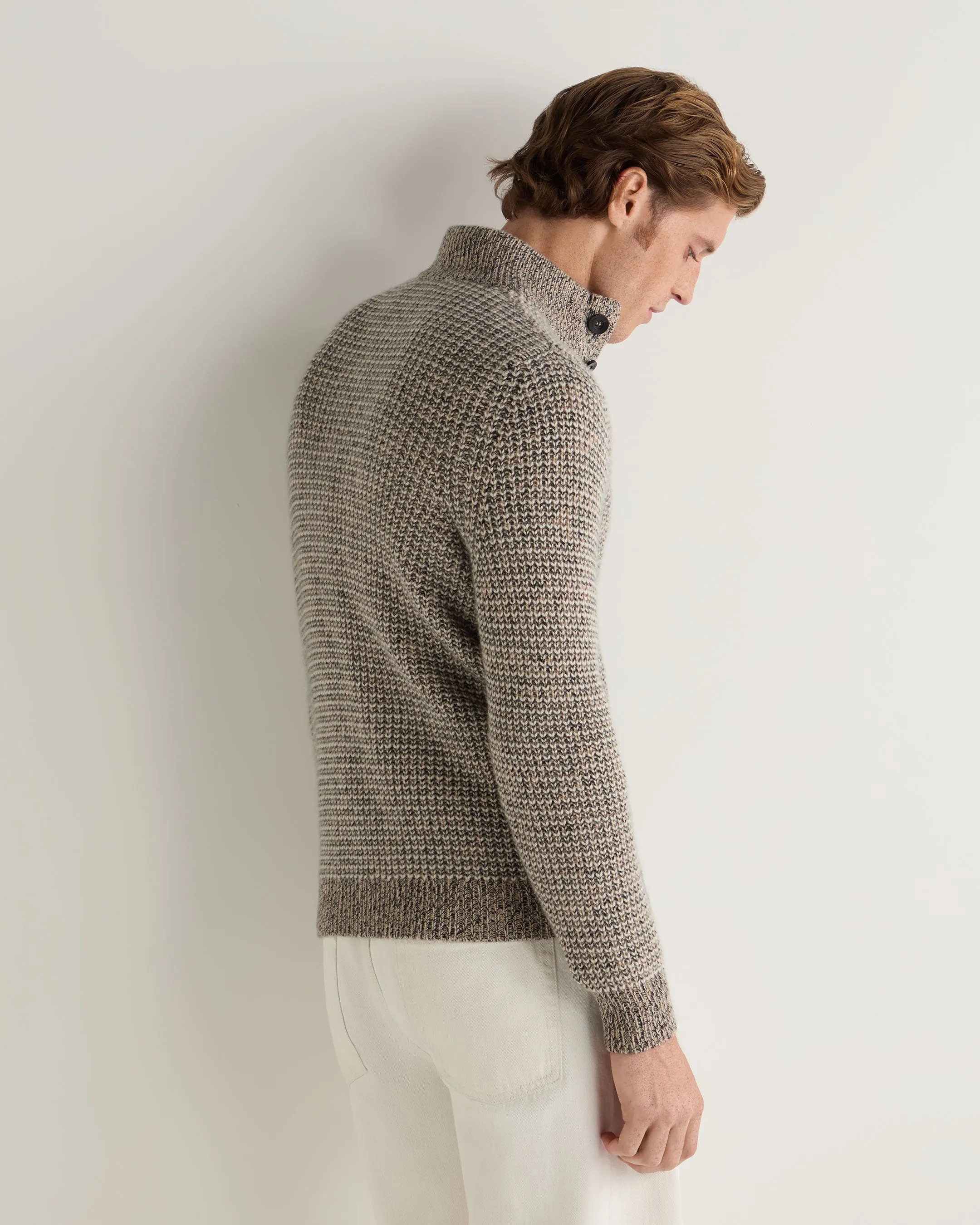 Beige White Mens Cashmere Sweater with Half Button and Marl Detail