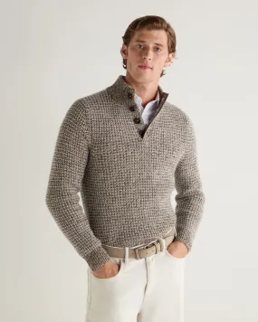 Beige White Mens Cashmere Sweater with Half Button and Marl Detail