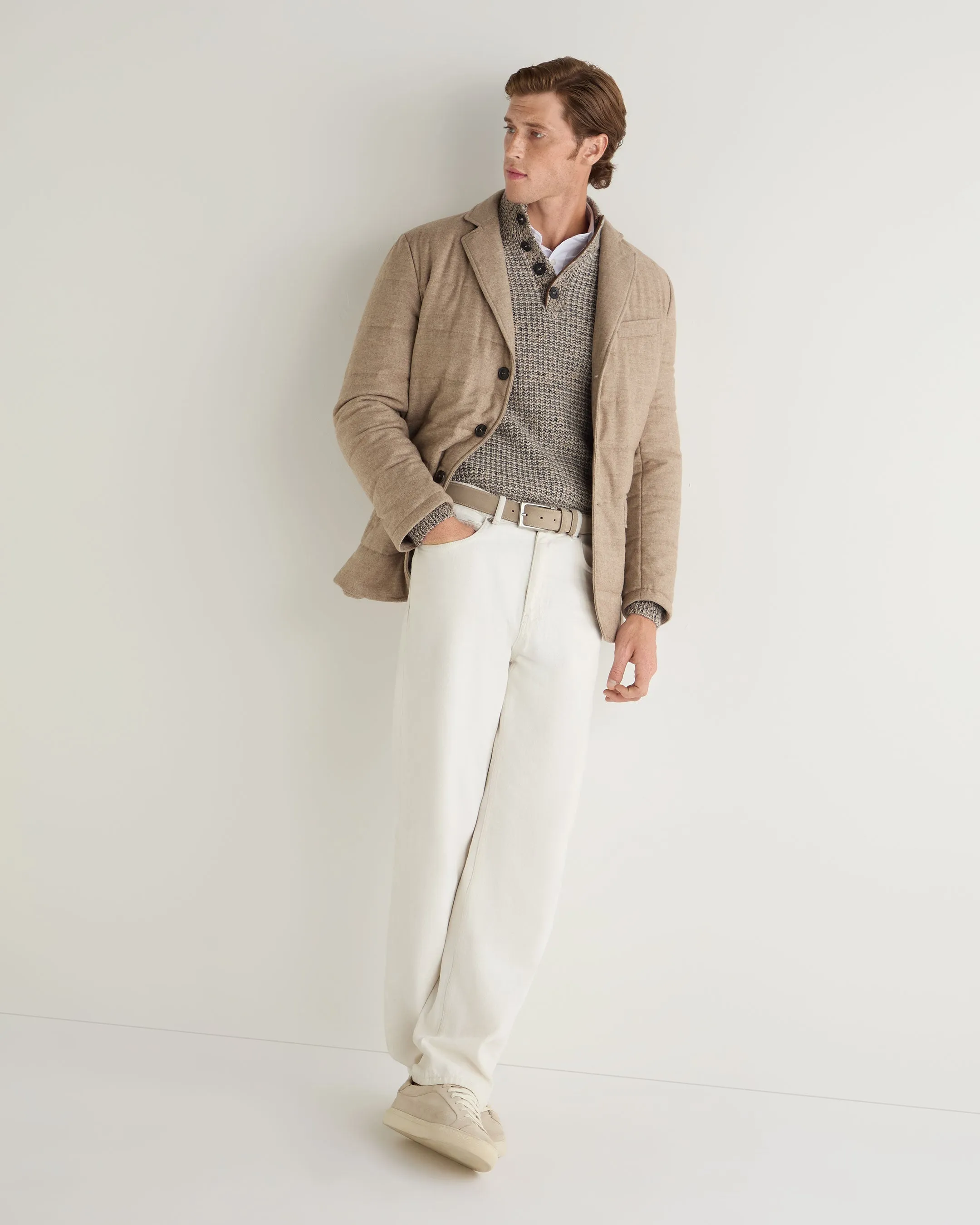 Beige White Mens Cashmere Sweater with Half Button and Marl Detail